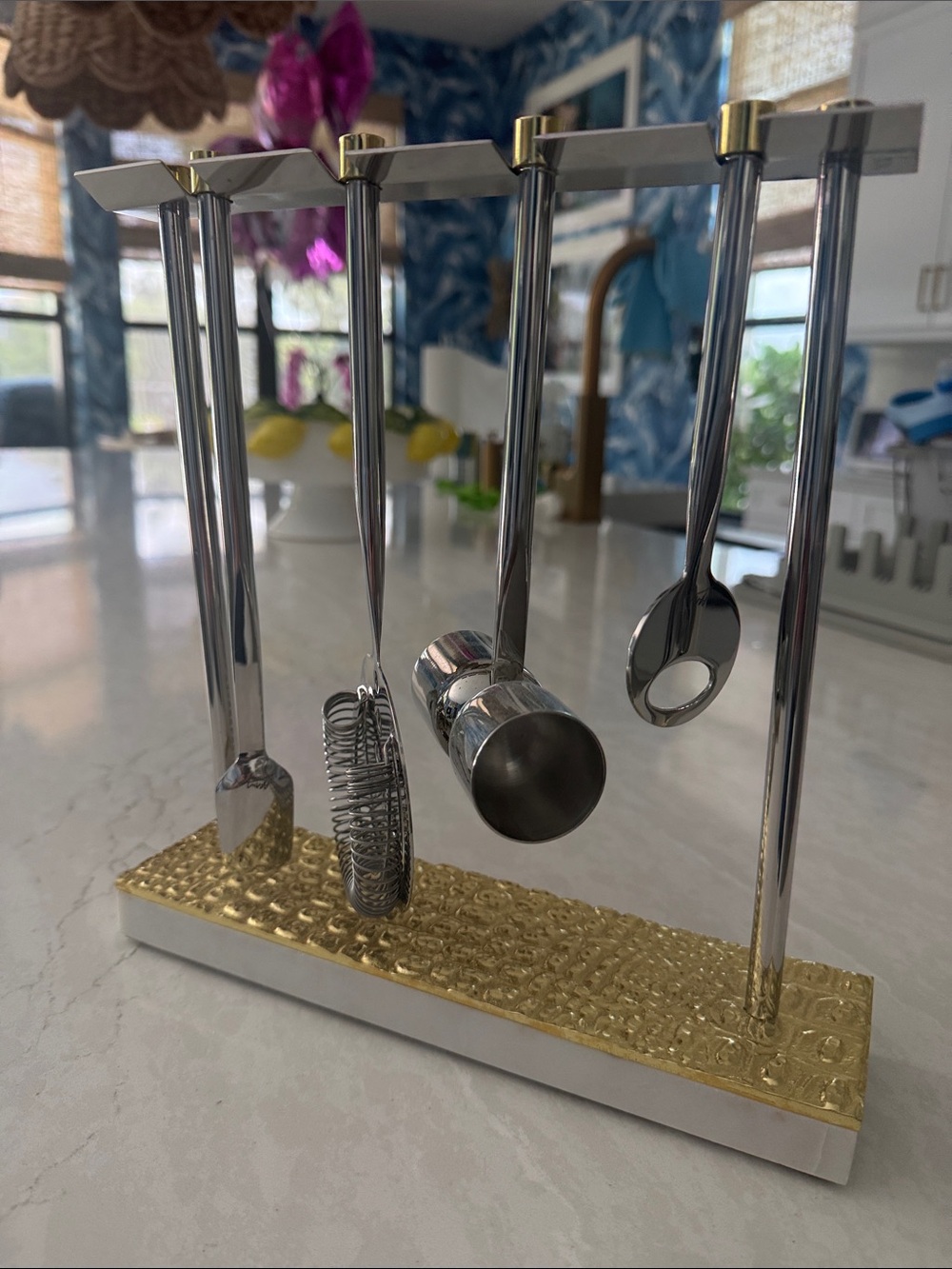Michael Aram Silver and Gold Hanging Bar Tool Set with Stand